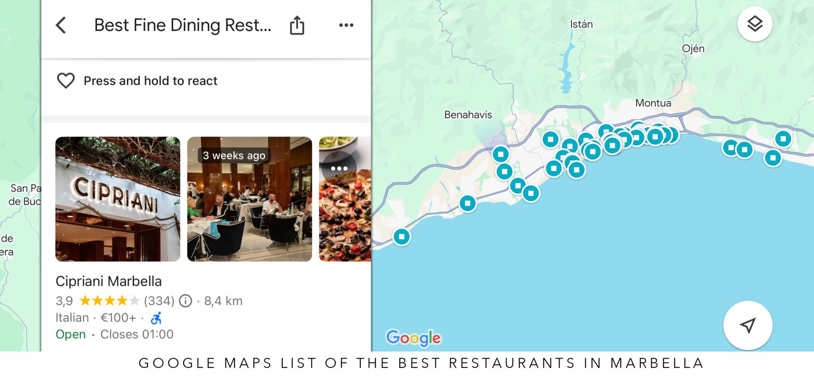 Google Maps list of best restaurants in Marbella